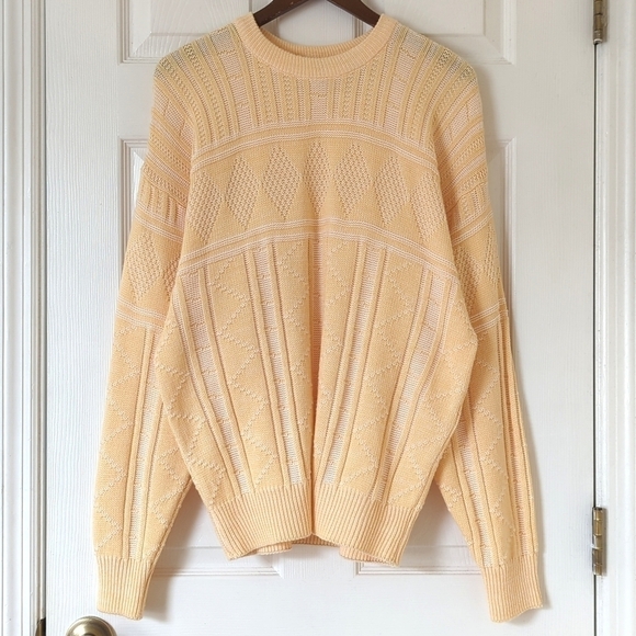 Par Four 90's Vintage Funky Jacquard Knit Crewneck Sweater Pastel Yellow Large - Picture 1 of 10